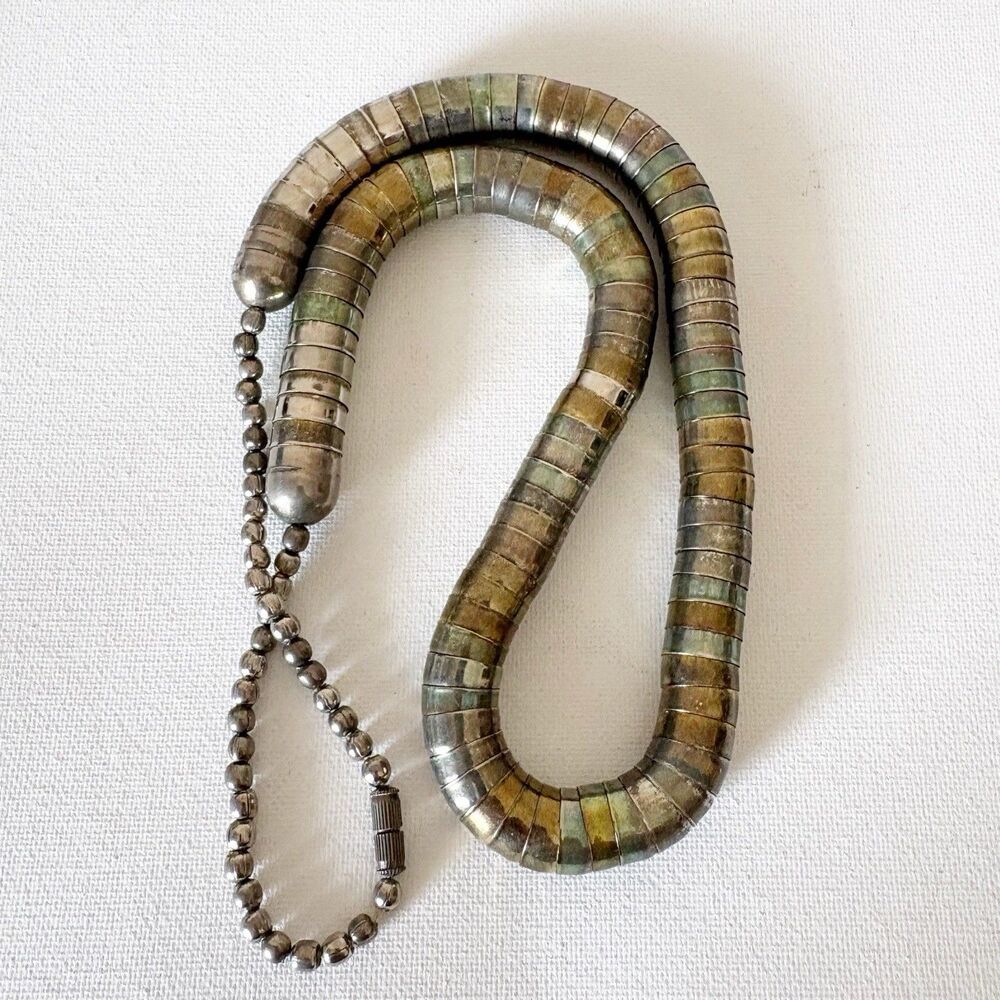 Modernist Silver Brass Tone Snake Coil Necklace Flexible Bendable Rope MCM 26”